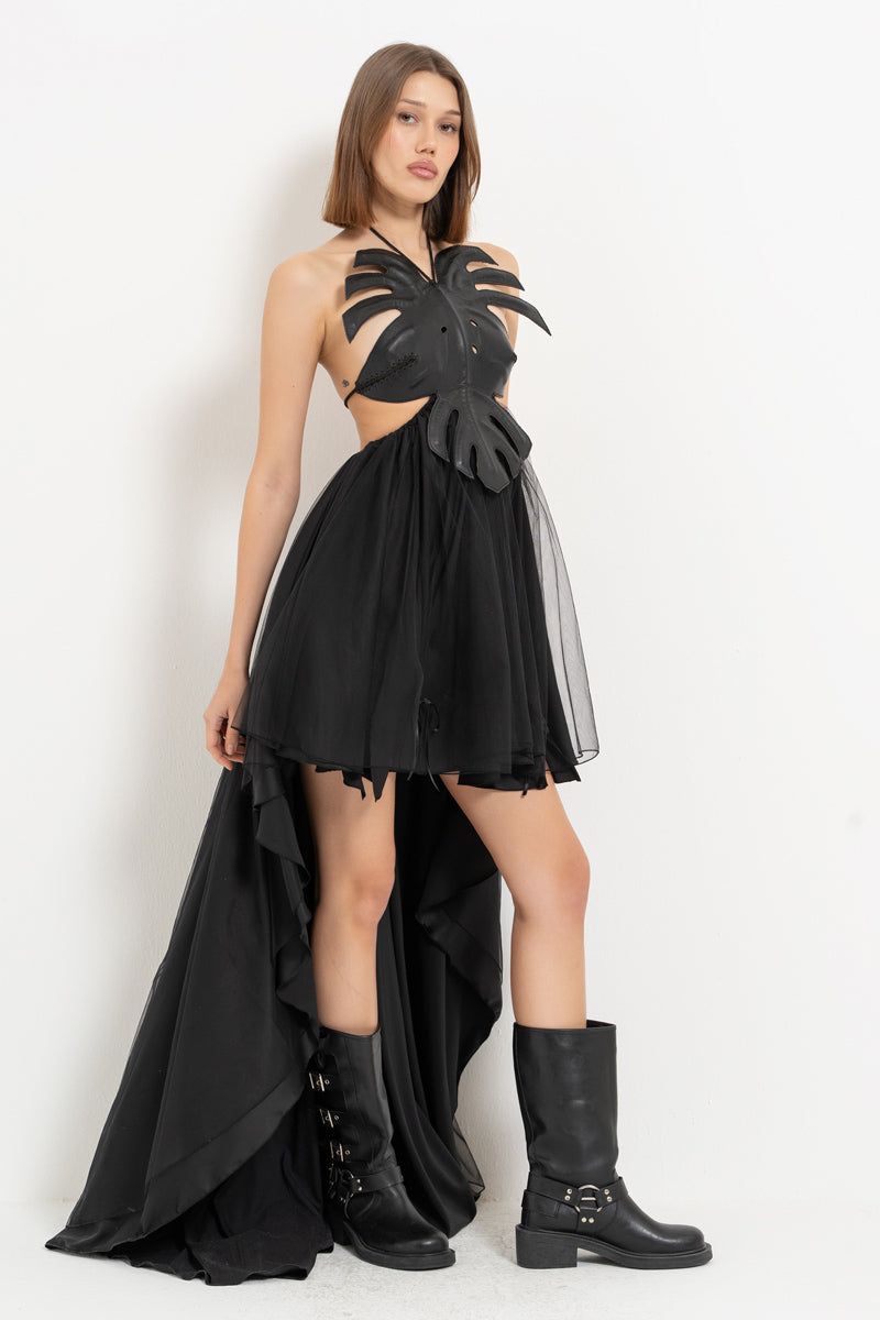 Black Leather Bustier Dress with High-Low Hem