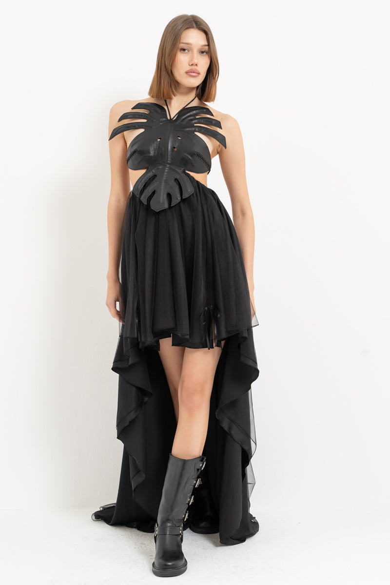 Black Leather Bustier Dress with High-Low Hem