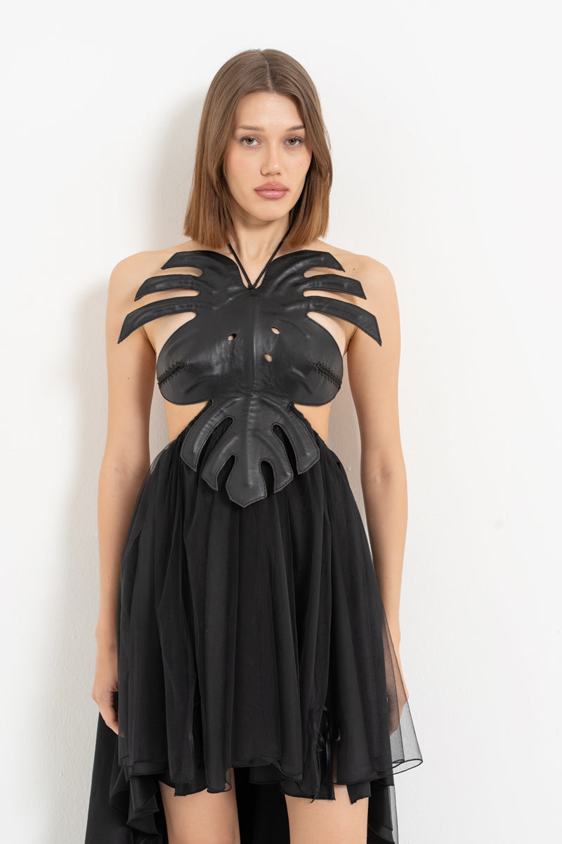 Black Leather Bustier Dress with High-Low Hem