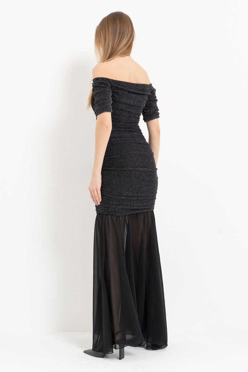 Boat Neck Short Sleeve Ruched Maxi Dress