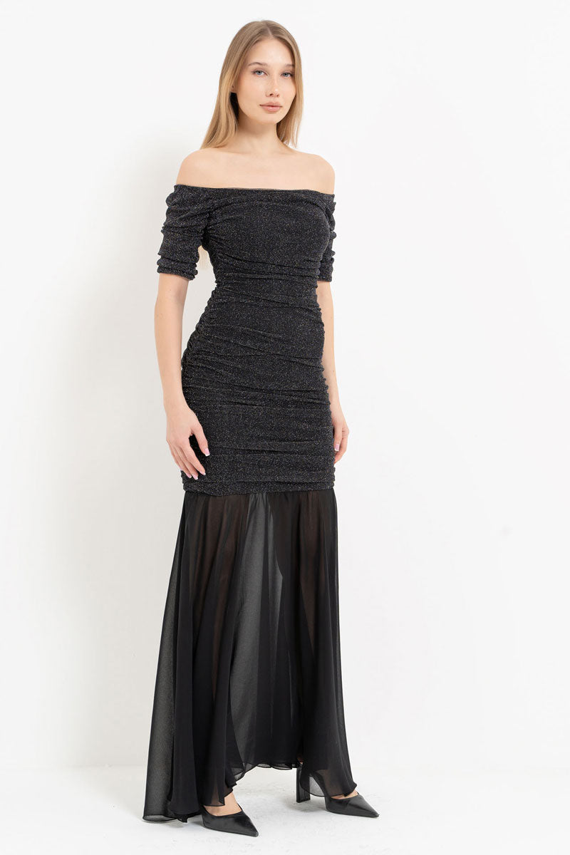 Boat Neck Short Sleeve Ruched Maxi Dress