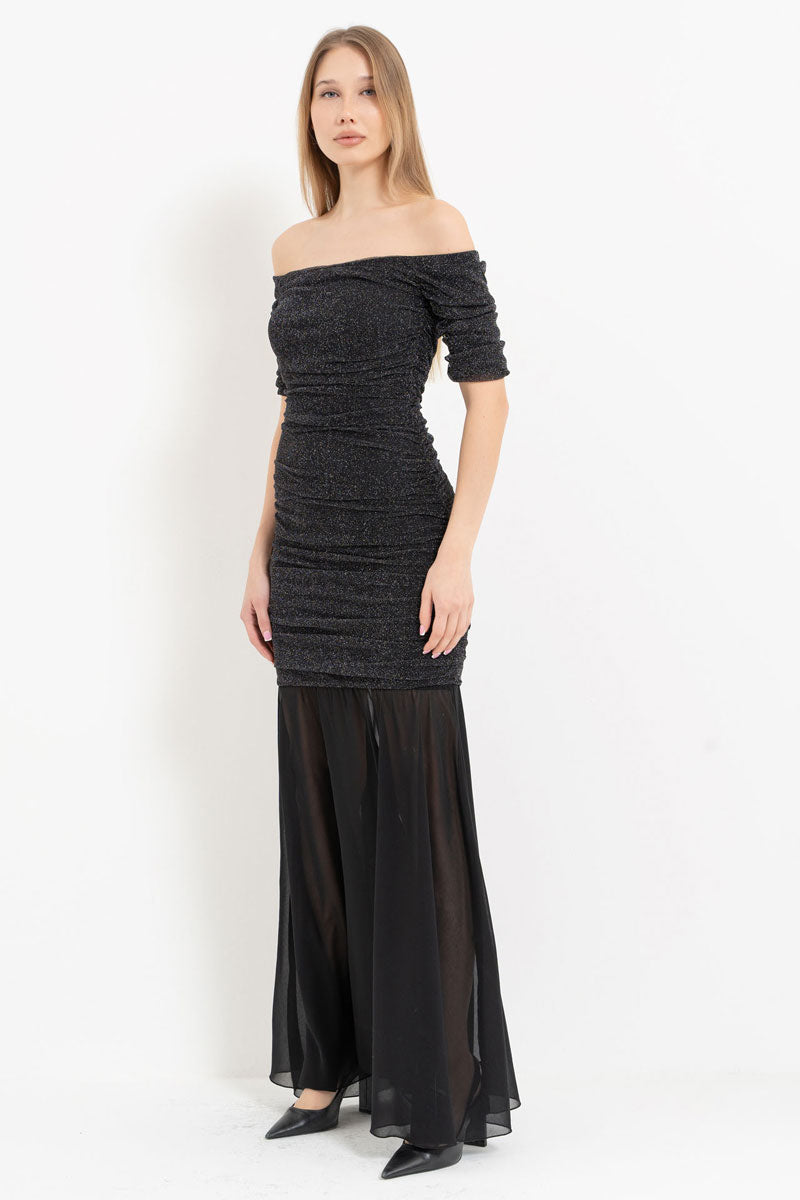Boat Neck Short Sleeve Ruched Maxi Dress