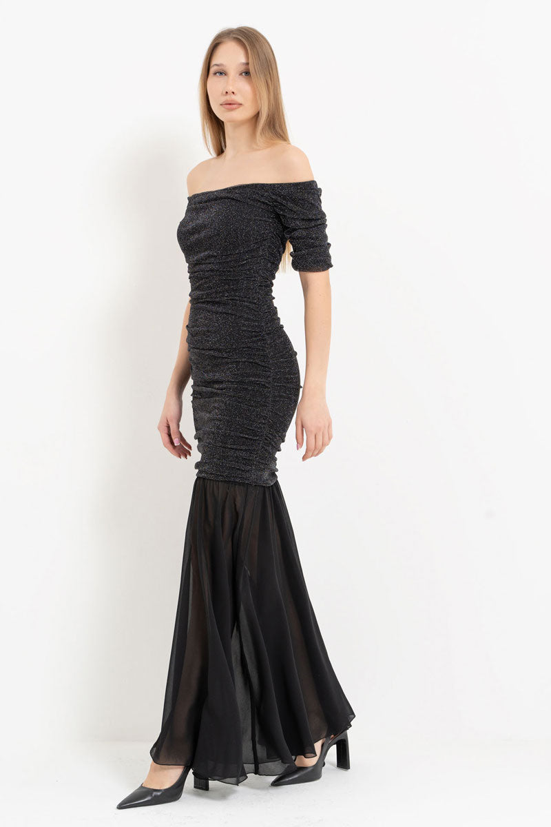 Boat Neck Short Sleeve Ruched Maxi Dress