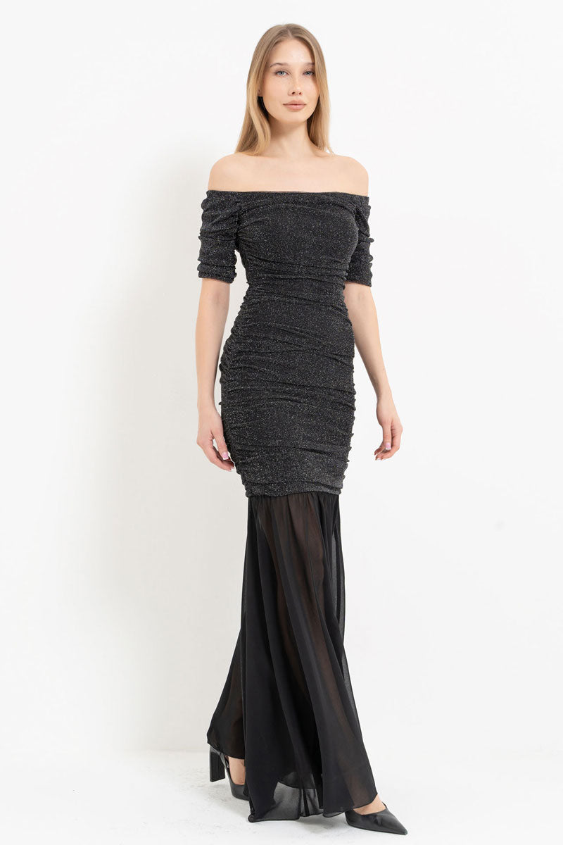 Boat Neck Short Sleeve Ruched Maxi Dress