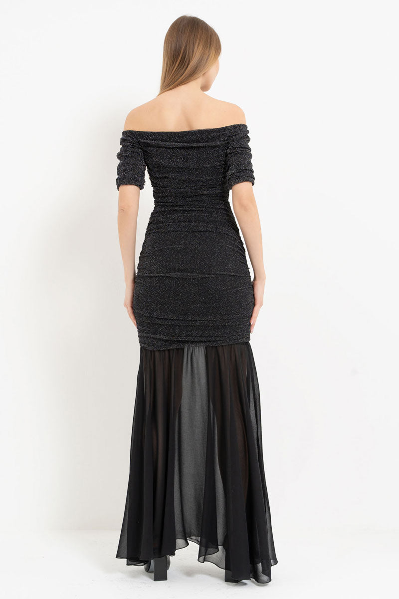 Boat Neck Short Sleeve Ruched Maxi Dress