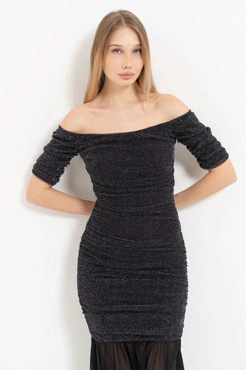 Boat Neck Short Sleeve Ruched Maxi Dress