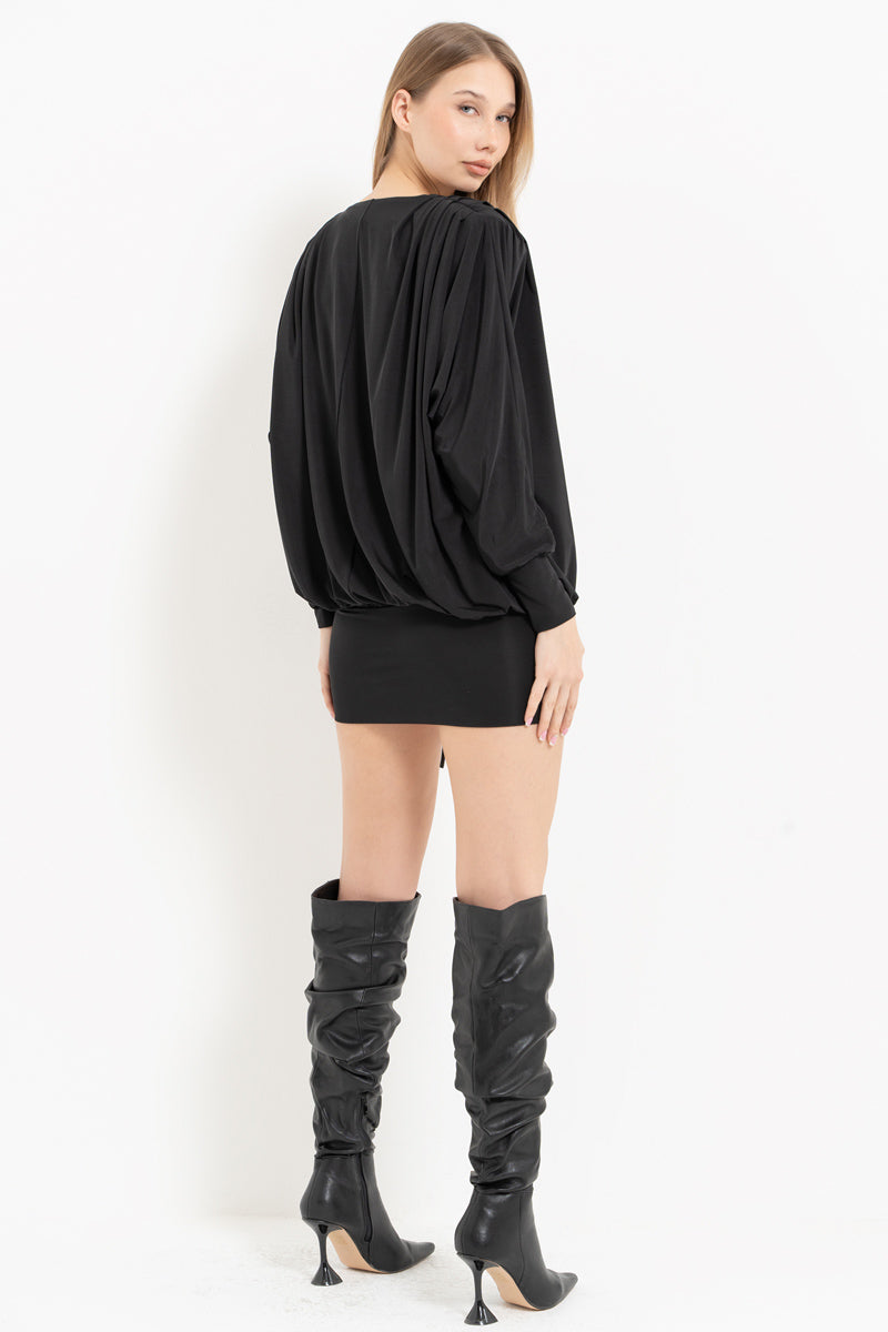 Black Batwing Sleeve V-Neck Mini Dress