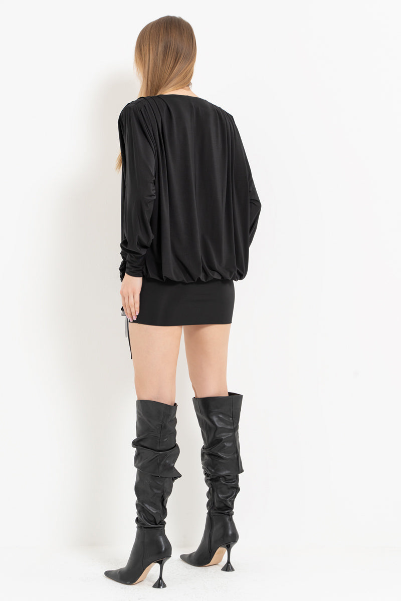 Black Batwing Sleeve V-Neck Mini Dress