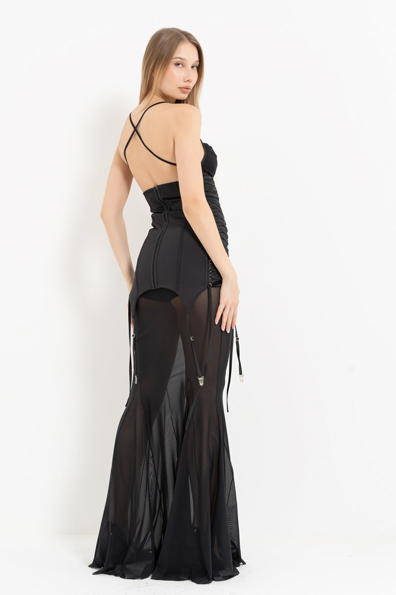 Black Corset-Detail Long Tulle Dress