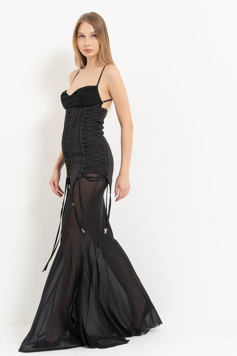 Black Corset-Detail Long Tulle Dress