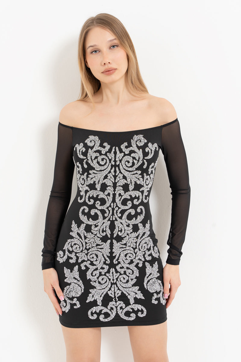 Stone-Embellished Boat Neck Long Sleeve Mini Dress
