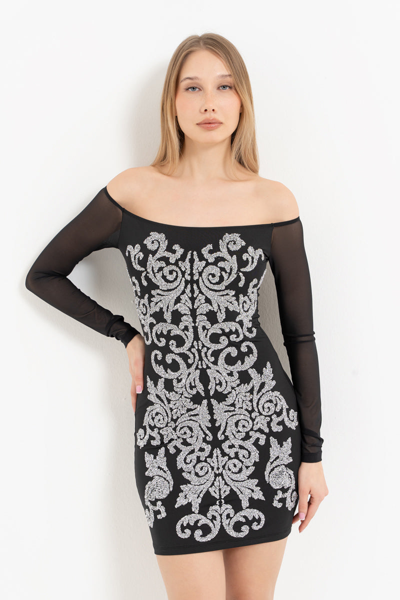 Stone-Embellished Boat Neck Long Sleeve Mini Dress