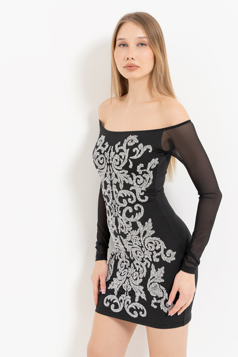 Stone-Embellished Boat Neck Long Sleeve Mini Dress