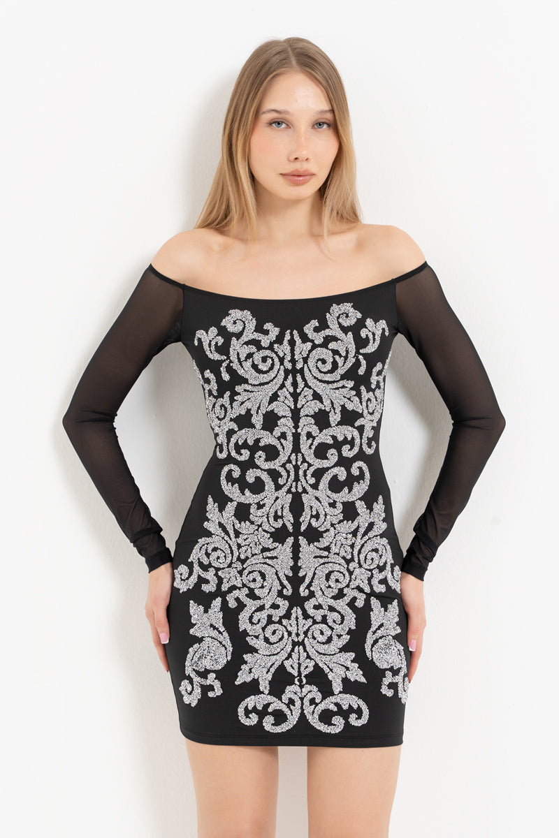 Stone-Embellished Boat Neck Long Sleeve Mini Dress