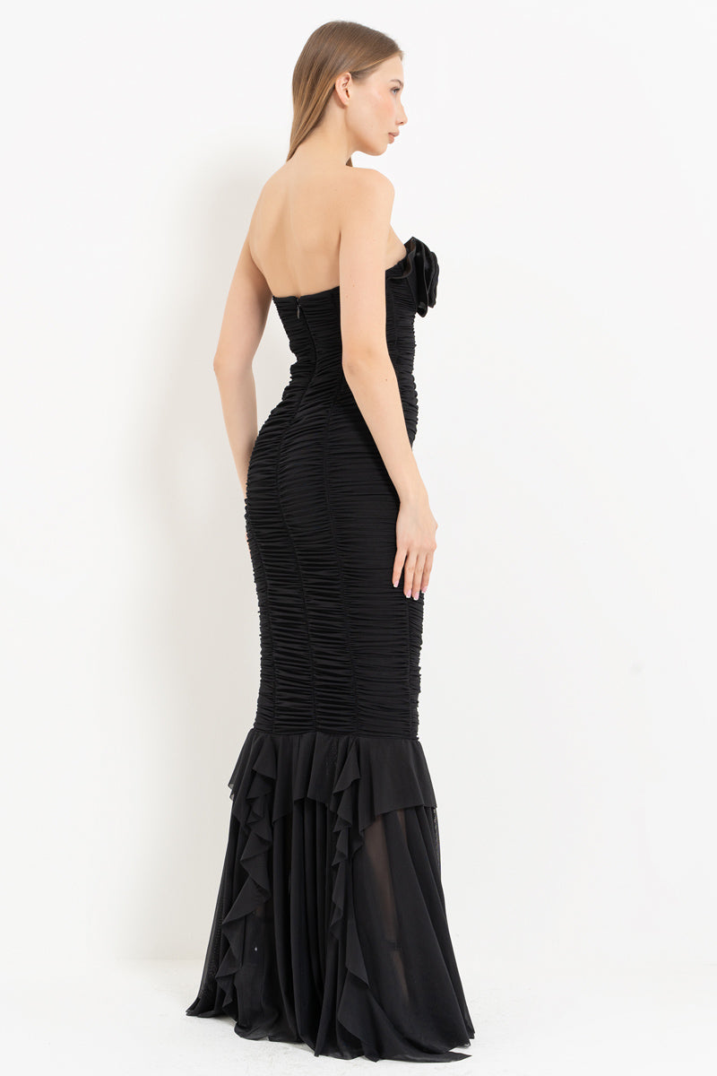 Black Rose-Detail Strapless Long Dress