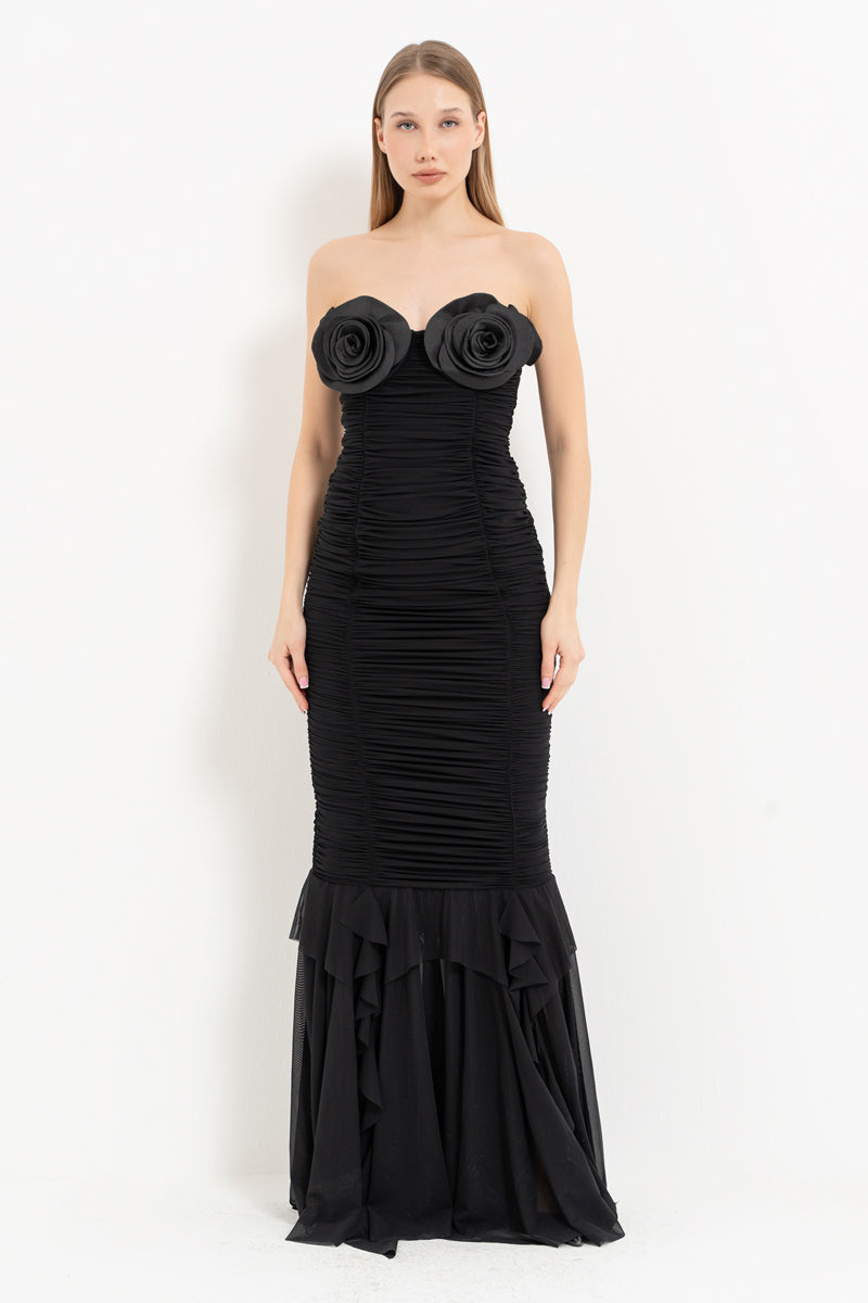 Black Rose-Detail Strapless Long Dress