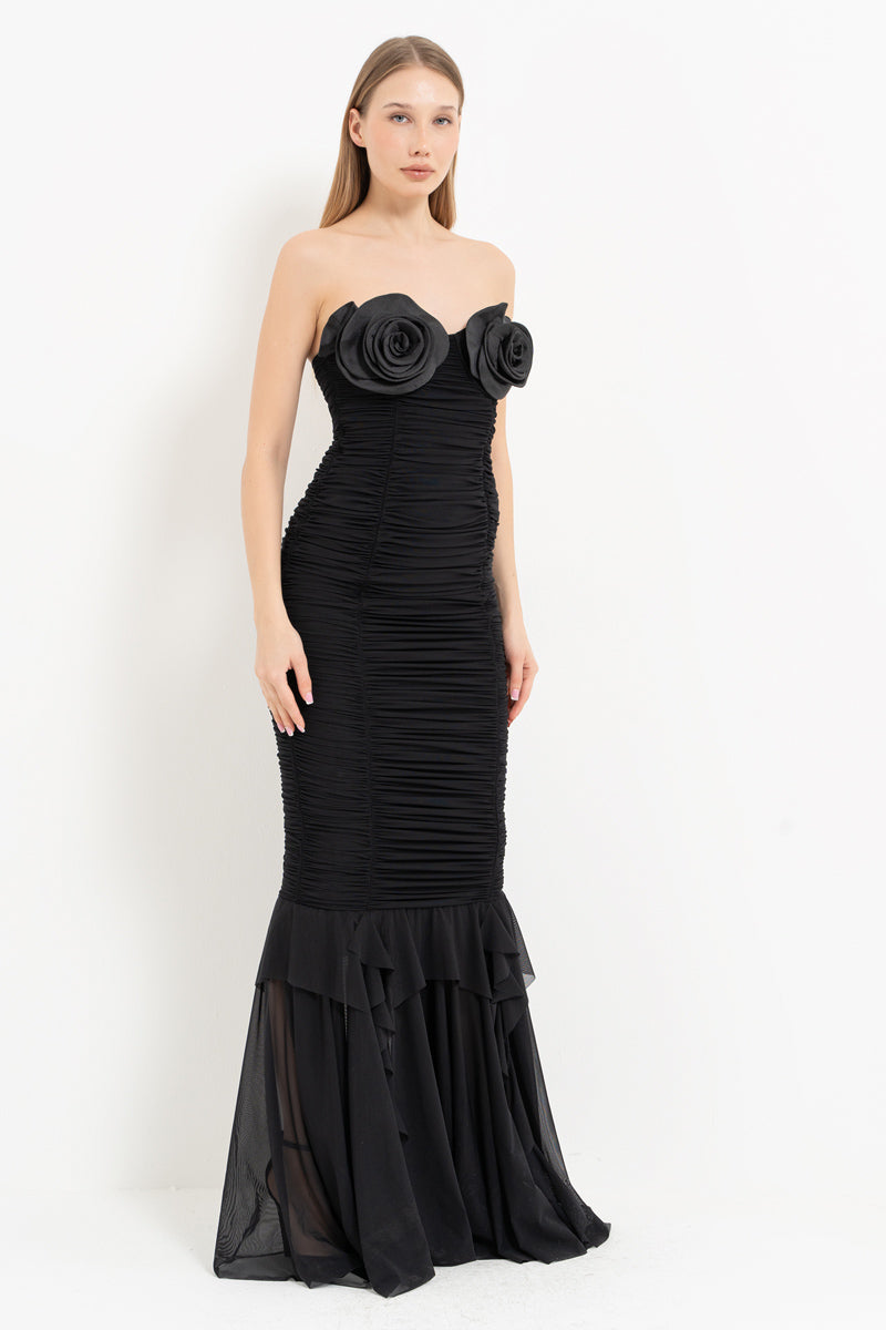 Black Rose-Detail Strapless Long Dress