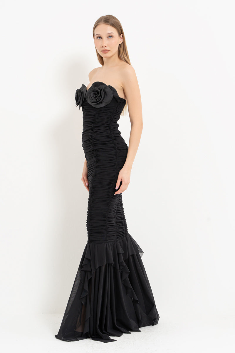 Black Rose-Detail Strapless Long Dress