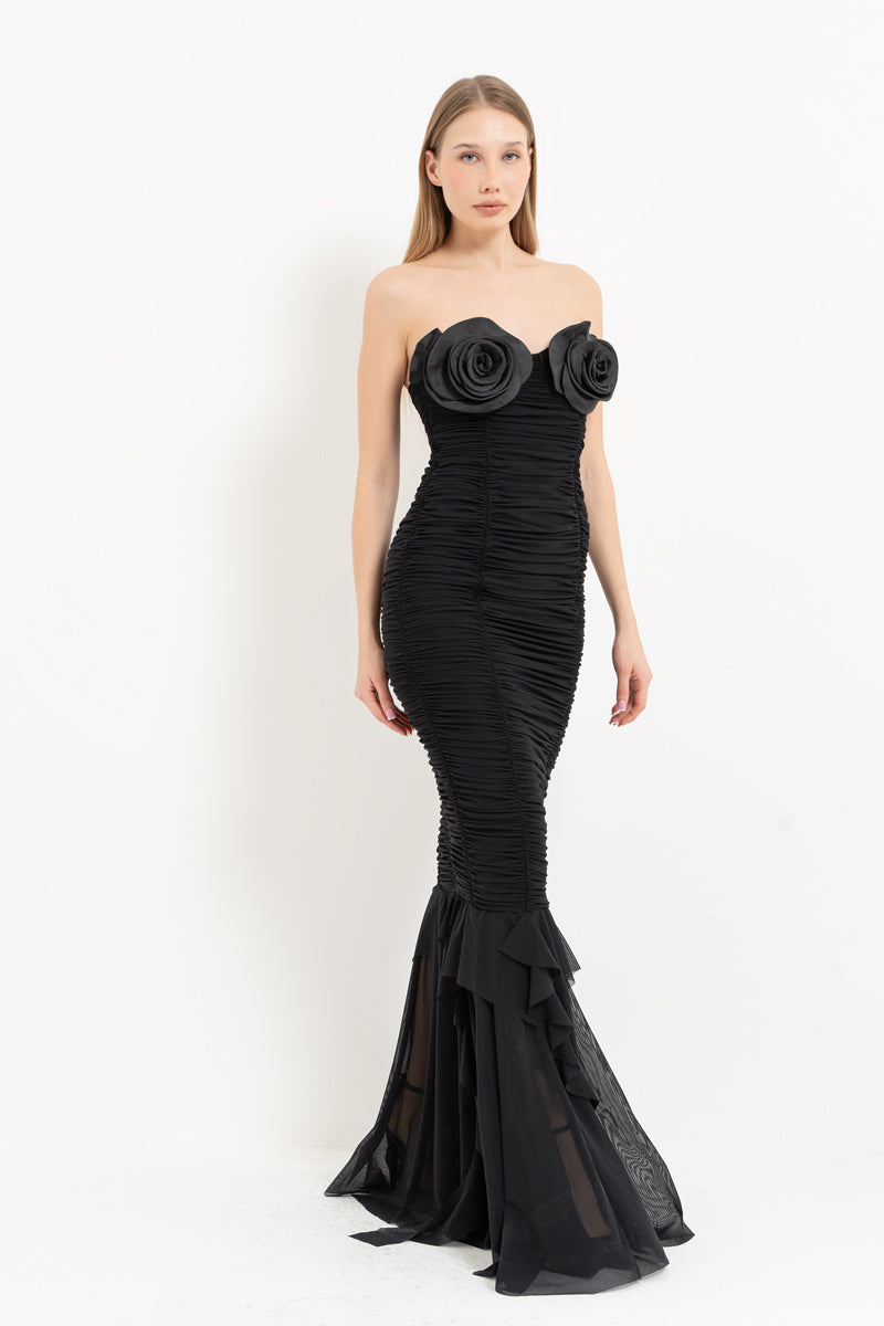 Black Rose-Detail Strapless Long Dress