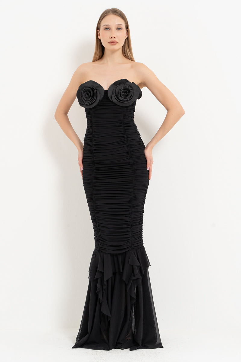 Black Rose-Detail Strapless Long Dress