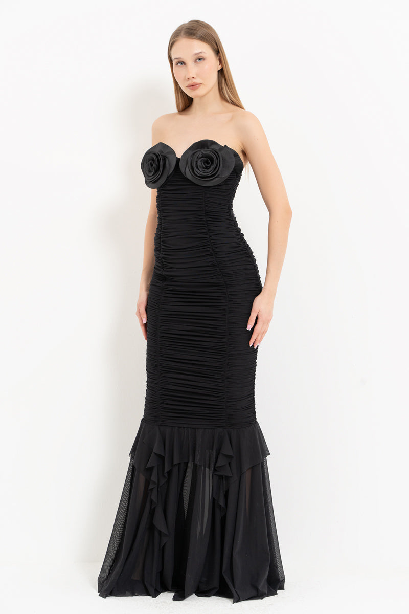 Black Rose-Detail Strapless Long Dress