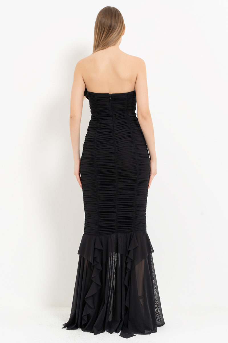 Black Rose-Detail Strapless Long Dress