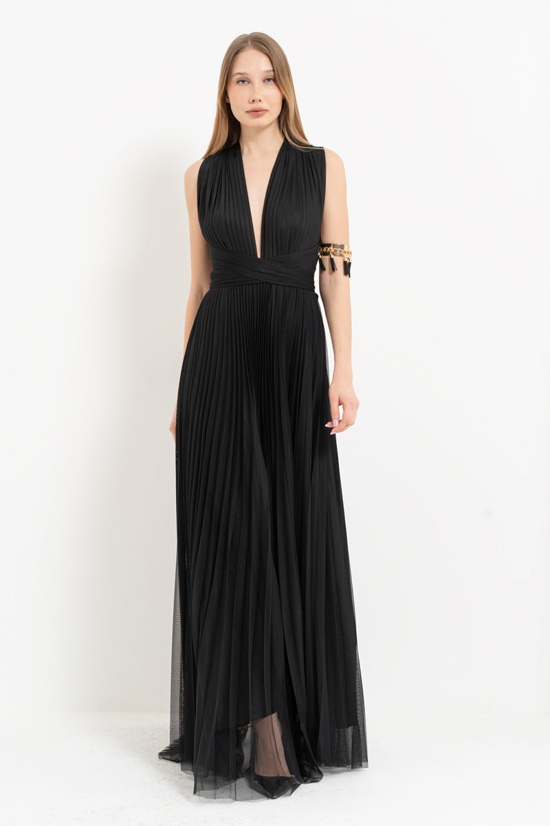 Black Pleated Maxi Dress with Tie-Front Bodice
