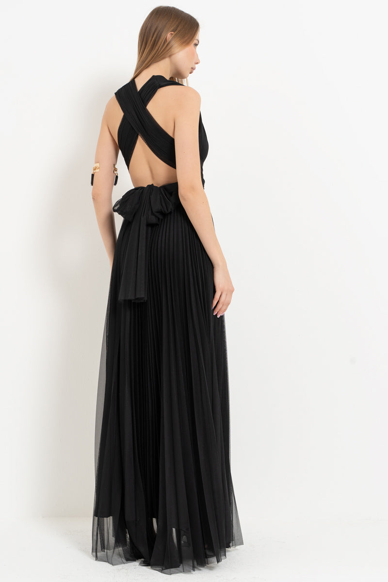 Black Pleated Maxi Dress with Tie-Front Bodice