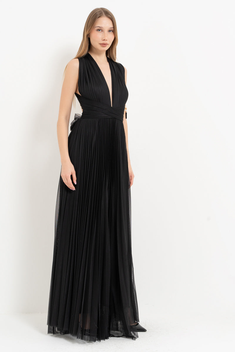Black Pleated Maxi Dress with Tie-Front Bodice