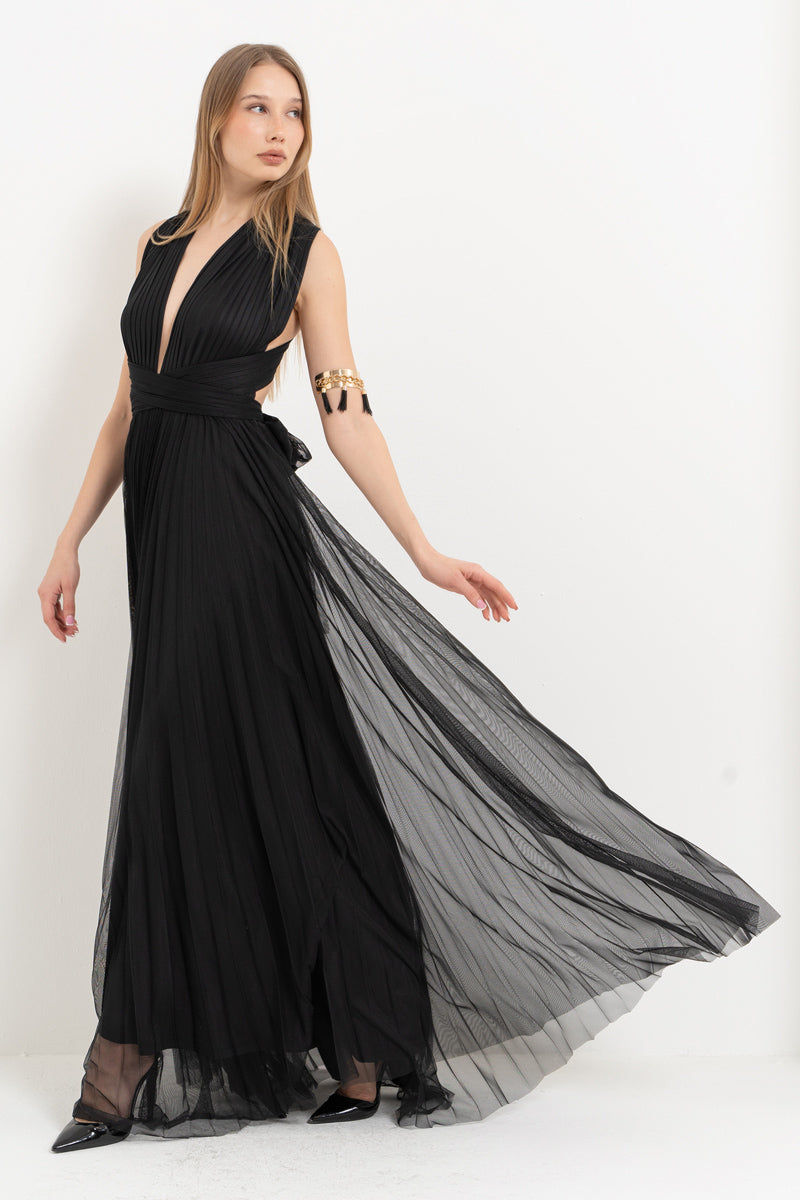 Black Pleated Maxi Dress with Tie-Front Bodice