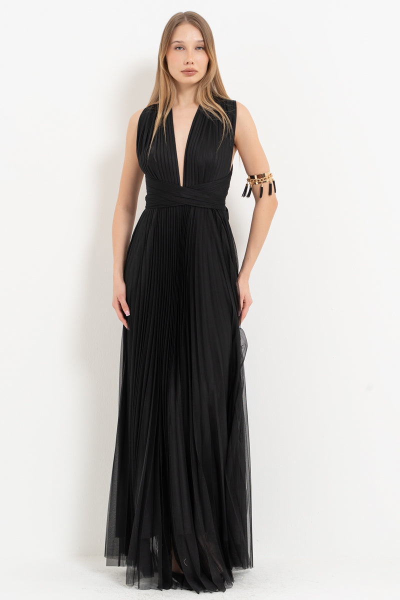 Black Pleated Maxi Dress with Tie-Front Bodice