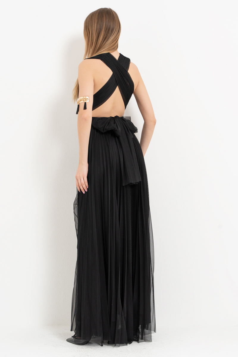 Black Pleated Maxi Dress with Tie-Front Bodice