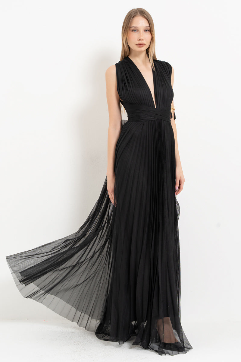 Black Pleated Maxi Dress with Tie-Front Bodice