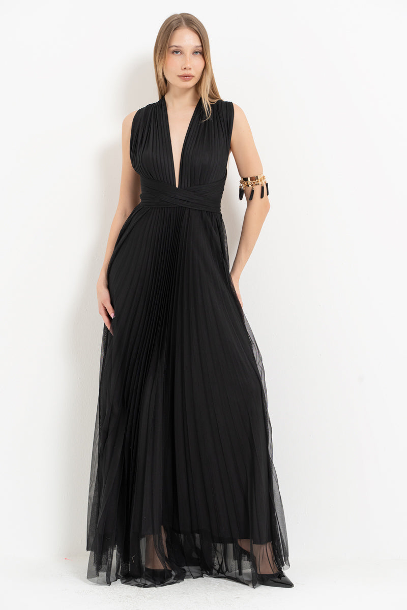 Black Pleated Maxi Dress with Tie-Front Bodice