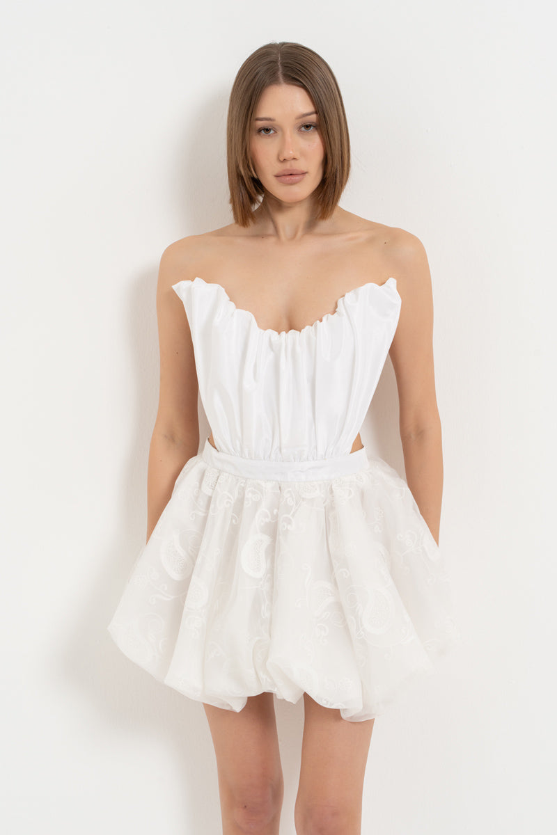 Off-White Strapless Mini Dress with Lace-Up Back Detail