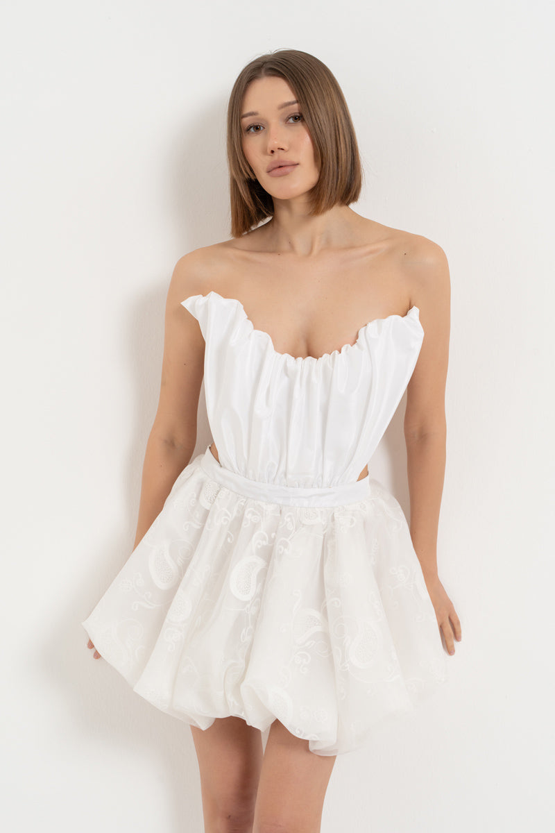 Off-White Strapless Mini Dress with Lace-Up Back Detail