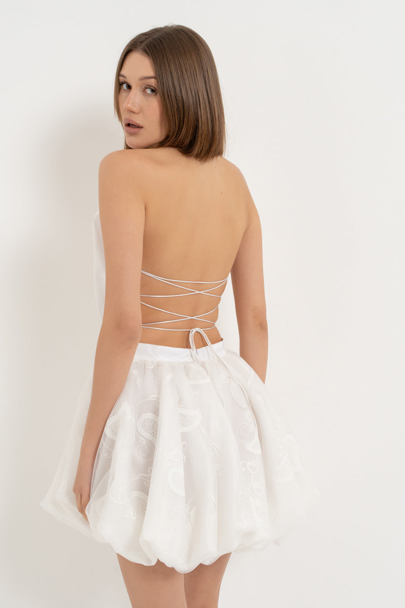 Off-White Strapless Mini Dress with Lace-Up Back Detail