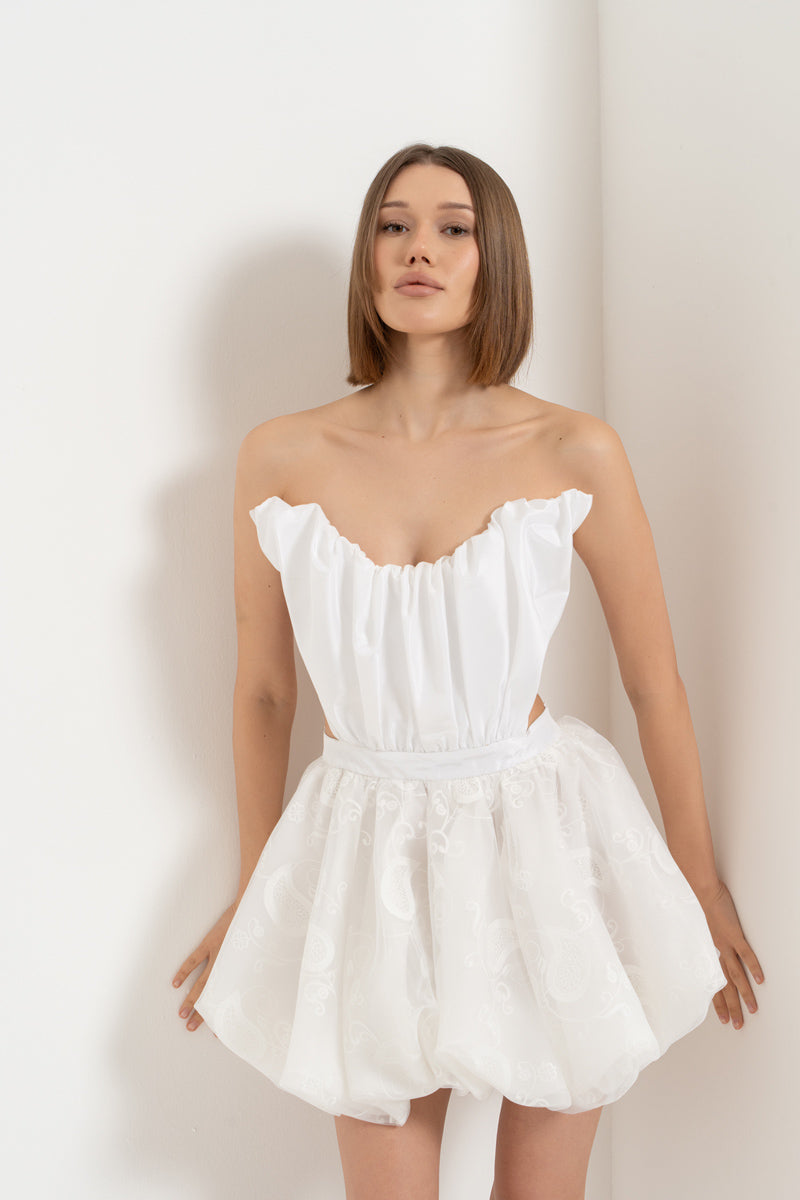 Off-White Strapless Mini Dress with Lace-Up Back Detail