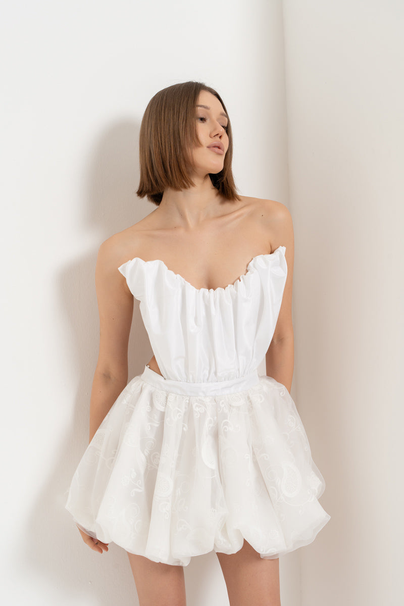 Off-White Strapless Mini Dress with Lace-Up Back Detail