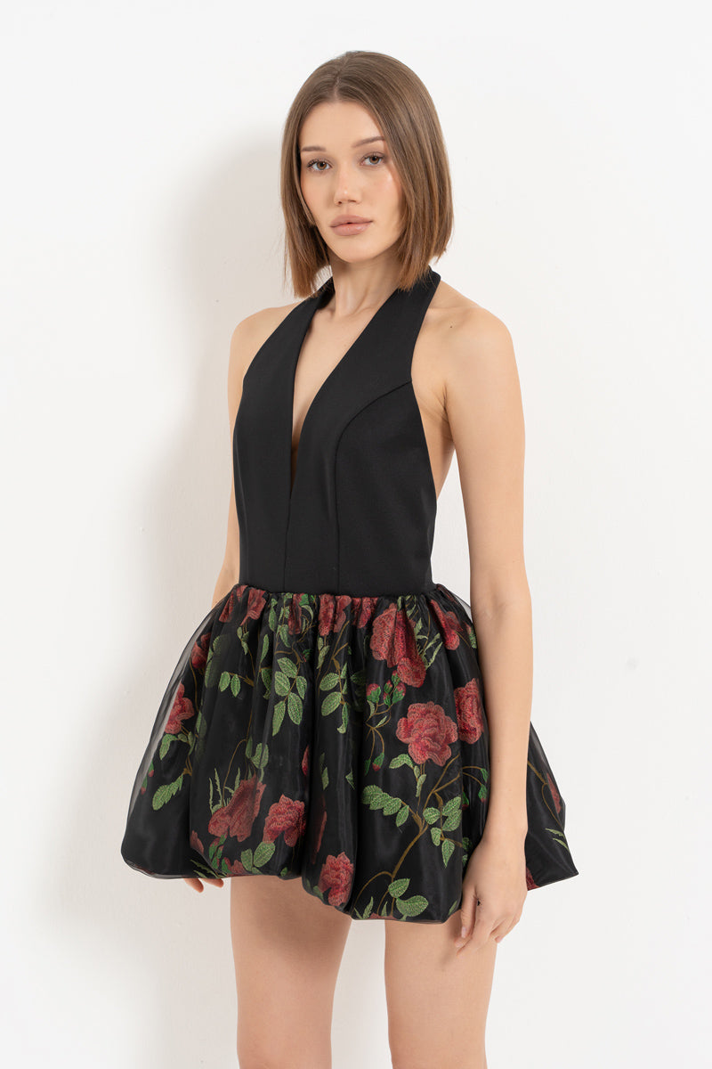 Black Halter Neck Mini Dress with Balloon Skirt