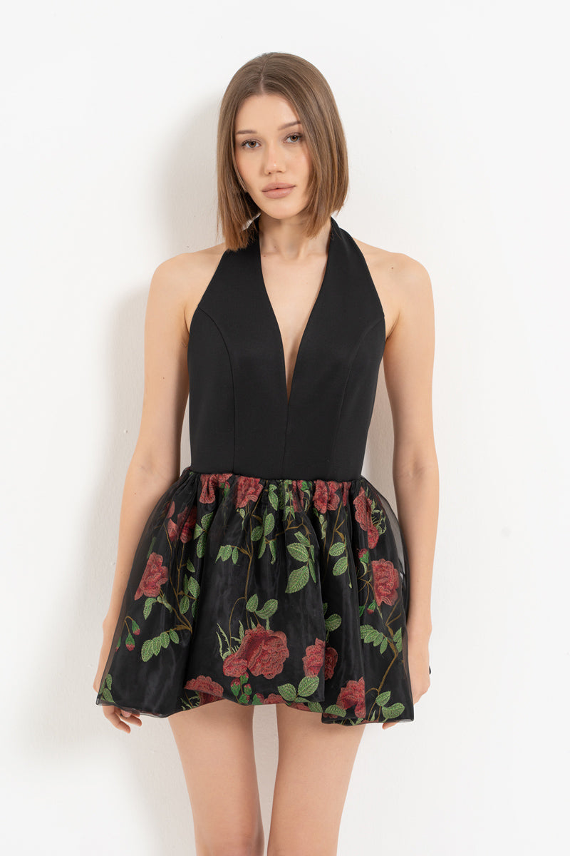 Black Halter Neck Mini Dress with Balloon Skirt