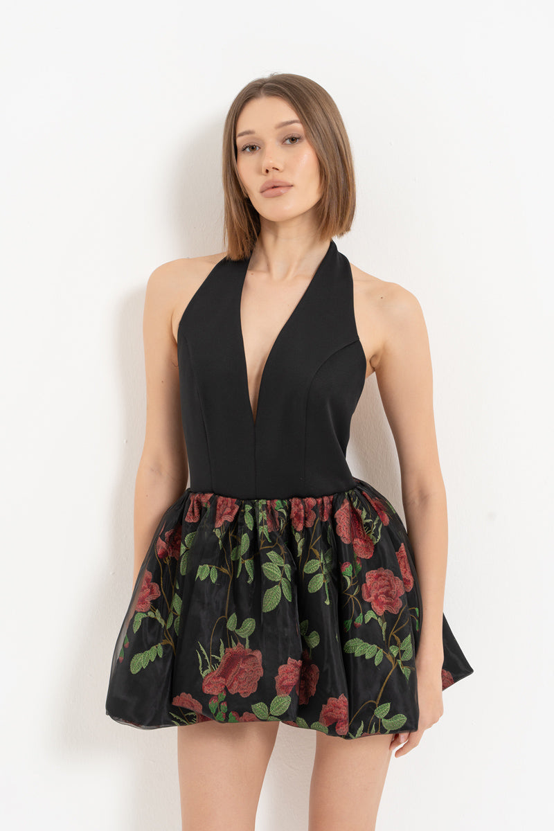 Black Halter Neck Mini Dress with Balloon Skirt