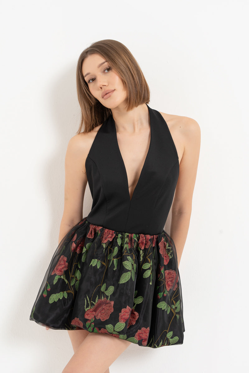 Black Halter Neck Mini Dress with Balloon Skirt