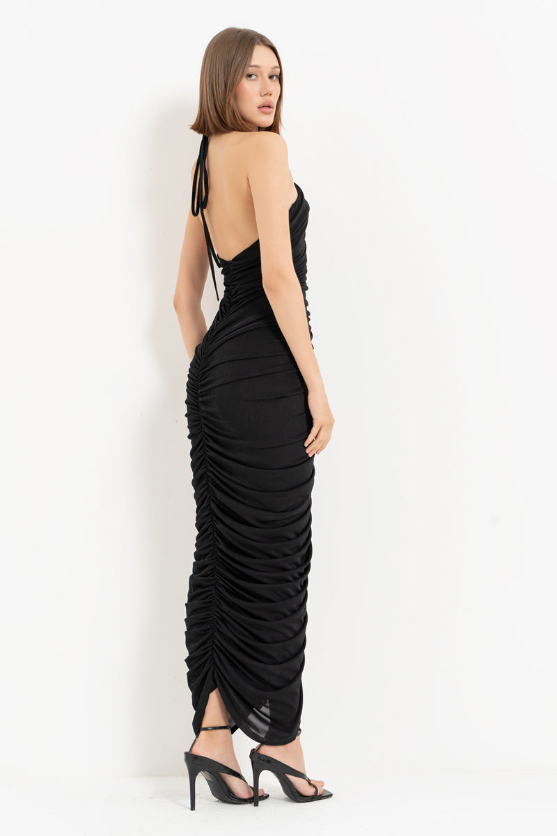 Black Ruched Dress with Open Back and Rose Detail