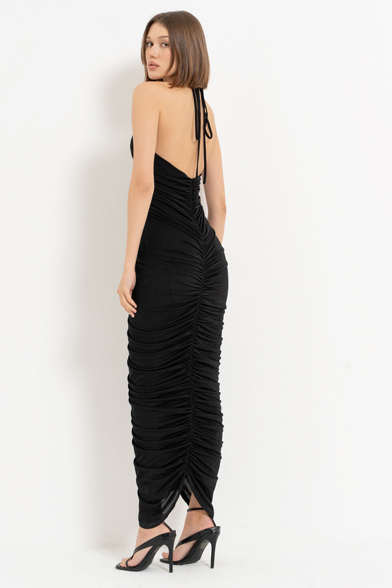 Black Ruched Dress with Open Back and Rose Detail