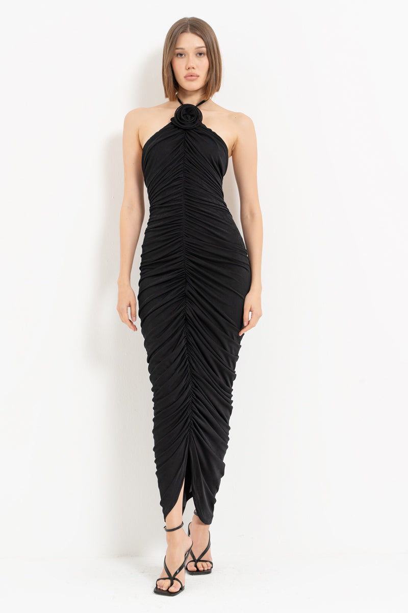 Black Ruched Dress with Open Back and Rose Detail