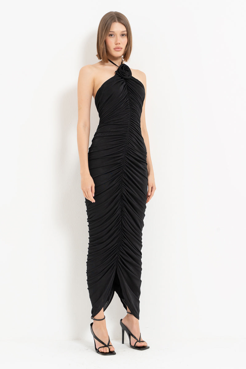 Black Ruched Dress with Open Back and Rose Detail