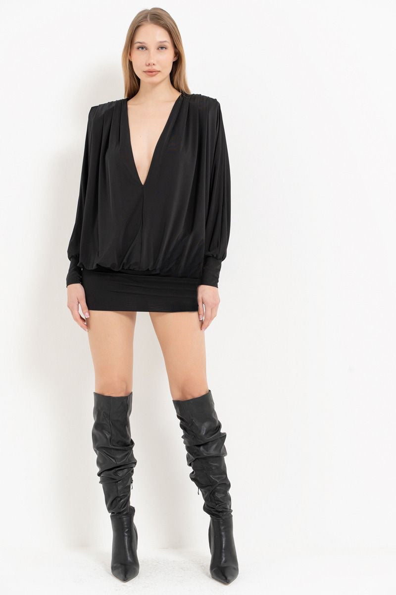 Black Batwing Sleeve V-Neck Mini Dress