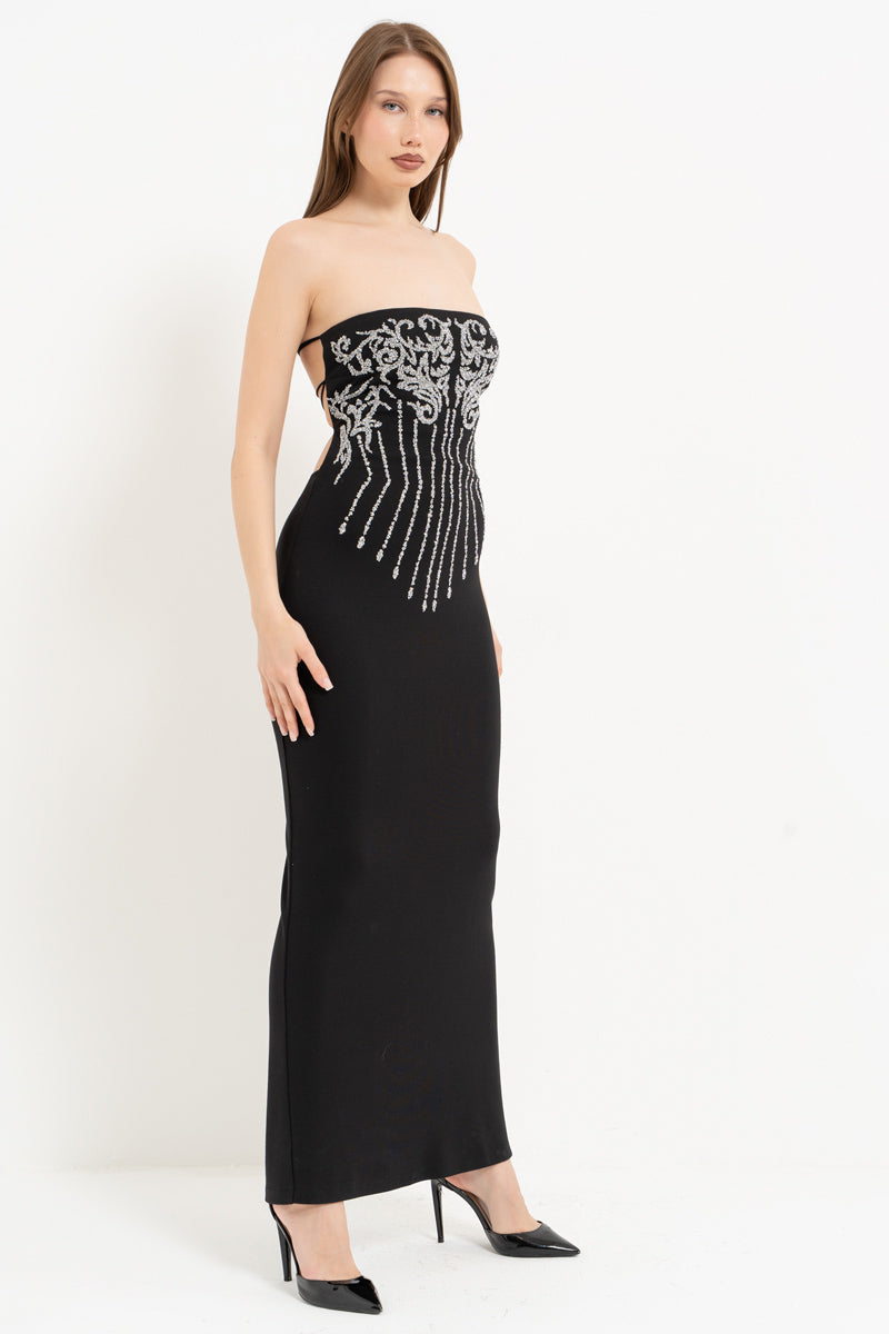 Black–Silver Strapless Dress with Stone Embellishment and Open Back