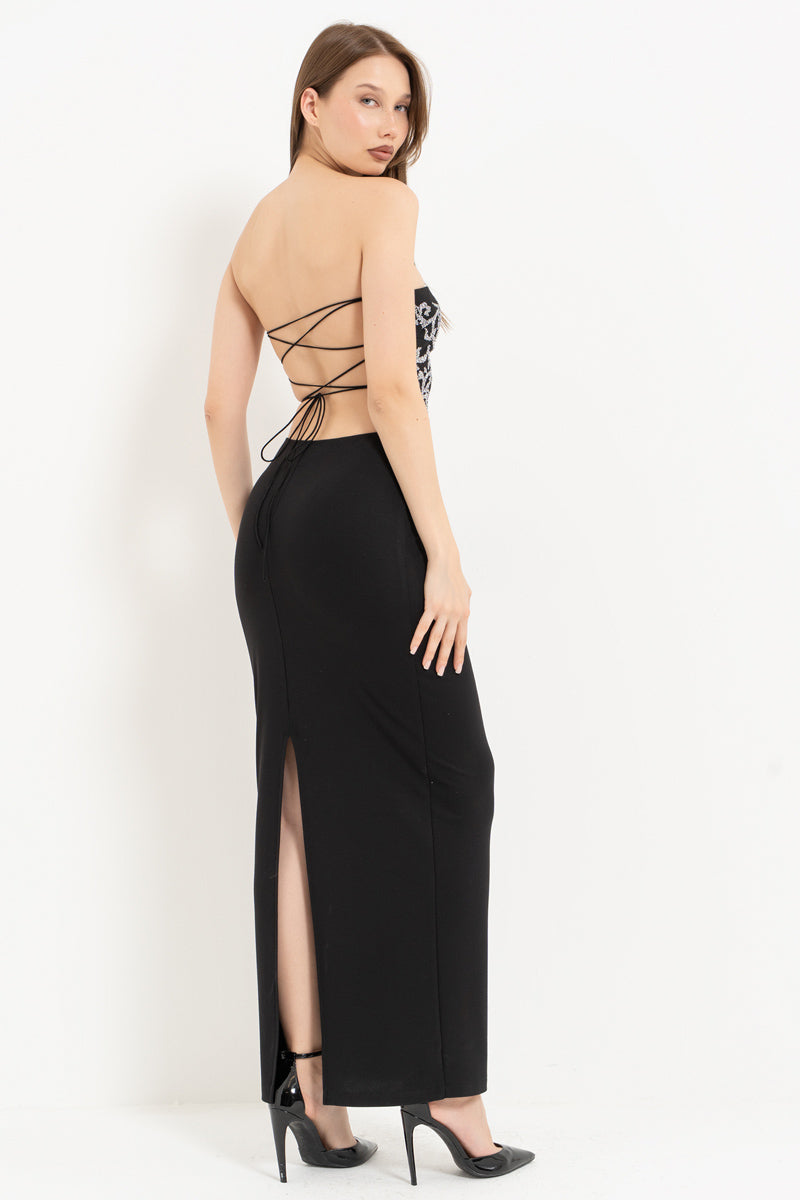 Black–Silver Strapless Dress with Stone Embellishment and Open Back